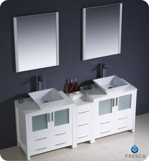 Fresca Torino FVN62-301230WH-VSL 72" White Modern Double Sink Bathroom Vanity Cabinet w/ Side Cabinet & Vessel Sinks - White