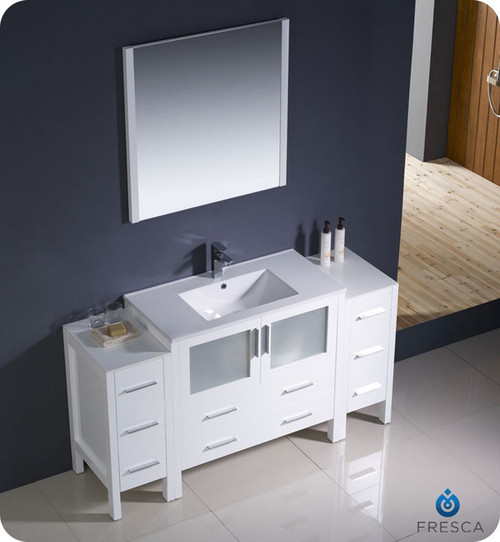 Fresca Torino FVN62-123612WH-UNS 60" White Modern Bathroom Vanity Cabinet w/ 2 Side Cabinets & Undermount Sink - White