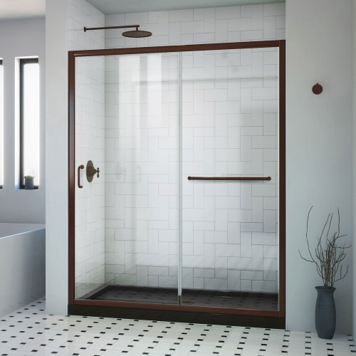 Dreamline DL-6970CLC88-06 Infinity-Z 30 inch D x 60 inch W x 74 3/4 inch H Semi-Frameless Sliding Clear Shower Door in Oil Rubbed Bronze with Center Drain Black Shower Base Kit