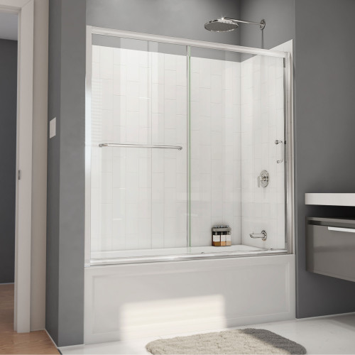 Dreamline TB096060XXX0001 Infinity-Z 56 - 60 inch W x 60 inch H Semi-Frameless Sliding Tub Door in Chrome with White Wall Kit