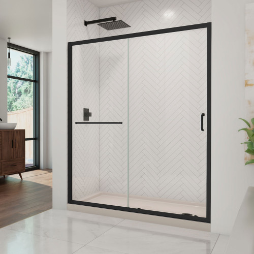 Dreamline DL6972CLR-22-09 Infinity-Z 34 inch D x 60 inch W x 74 3/4 inch H Semi-Frameless Sliding Clear Shower Door in Matte Black with Right Drain Biscuit Shower Base Kit Dreamline DL6972CLR-22-09 Infinity-Z 34 inch D x 60 inch W x 74 3/4 inch H Semi-Frameless Sliding Clear Shower Door in Matte Black with Right Drain Biscuit Shower Base Kit