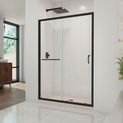 Dreamline DL6975CLC-22-09 Infinity-Z 36 inch D x 48 inch W x 74 3/4 inch H Semi-Frameless Sliding Clear Shower Door in Matte Black with Center Drain Biscuit Shower Base Kit Dreamline DL6975CLC-22-09 Infinity-Z 36 inch D x 48 inch W x 74 3/4 inch H Semi-Frameless Sliding Clear Shower Door in Matte Black with Center Drain Biscuit Shower Base Kit