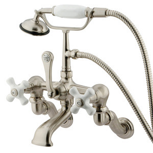 Kingston Brass Adjustable 3-3/8" - 10" Center Wall Mount Clawfoot Tub Filler Faucet with Hand Shower - Brushed Nickel CC465T8
