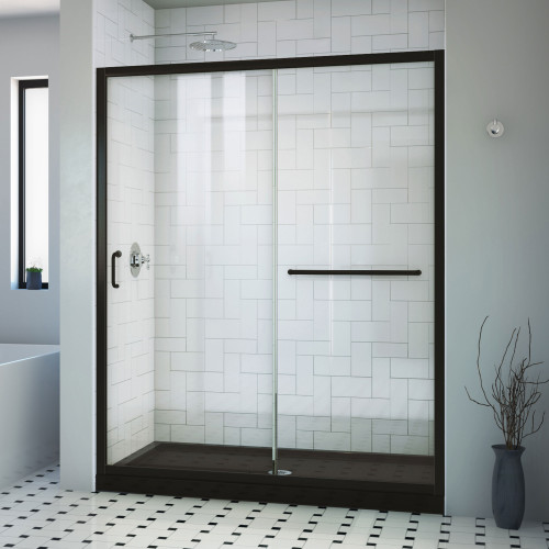 Dreamline DL6973CLC-88-09 Infinity-Z 36 inch D x 60 inch W x 74 3/4 inch H Semi-Frameless Sliding Clear Shower Door in Matte Black with Center Drain Black Shower Base Kit