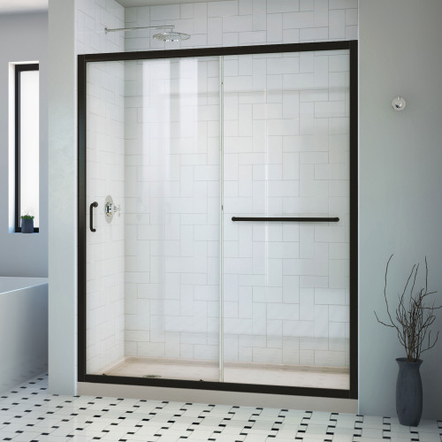 Dreamline DL6973CLL-22-09 Infinity-Z 36 inch D x 60 inch W x 74 3/4 inch H Semi-Frameless Sliding Clear Shower Door in Matte Black with Left Drain Biscuit Shower Base Kit