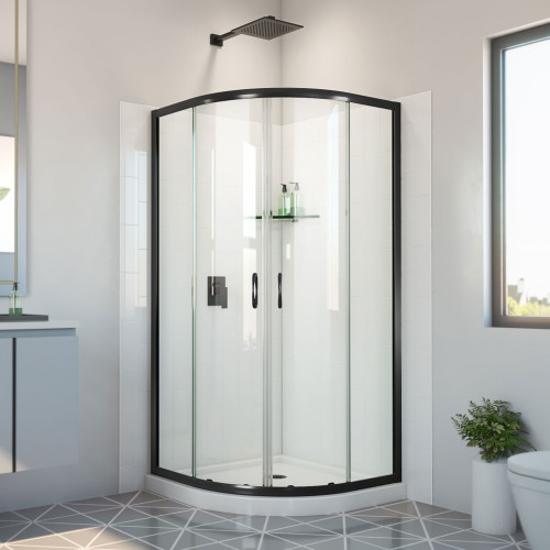 Dreamline E2703333XXQ0009 Prime 33 inch x 33 inch x 78 3/4 inch H Semi-Frameless Sliding Shower Enclosure in Matte Black and Clear Glass, Shower Base, and Wall Kit in White Dreamline E2703333XXQ0009 Prime 33 inch x 33 inch x 78 3/4 inch H Semi-Frameless Sliding Shower Enclosure in Matte Black and Clear Glass, Shower Base, and Wall Kit in White