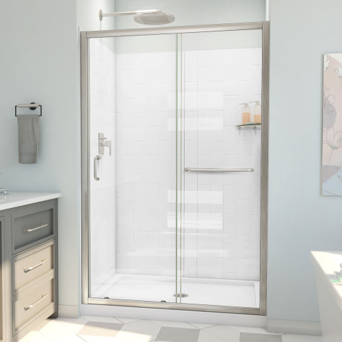 Dreamline D2094836XXC0004 Infinity-Z 36 inch D x 48 inch W x 78 3/4 inch H Semi-Frameless Sliding Shower Door in Brushed Nickel and Clear Glass, Shower Base, and Wall Kit in White