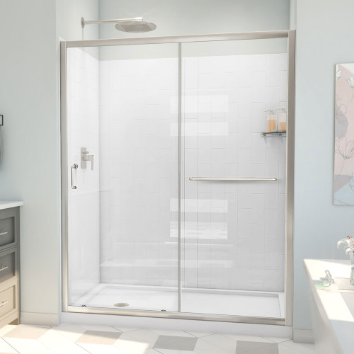 Dreamline D2096032XXL0004 Infinity-Z 32 inch D x 60 inch W x 78 3/4 inch H Semi-Frameless Sliding Shower Door in Brushed Nickel and Clear Glass, Left Drain Shower Base, and Wall Kit in White