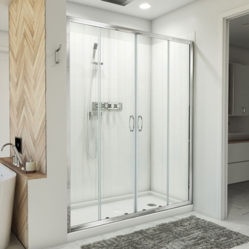 Dreamline D2116030XXR0001 Visions 30 inch D x 60 inch W x 78 3/4 inch H Semi-Frameless Sliding Shower Door in Chrome, Right Drain Shower Base, and Wall Kit in White