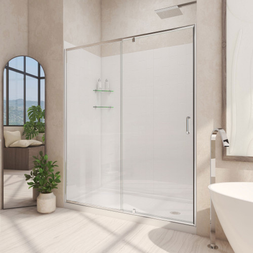 Dreamline D2226034XXR0001 Flex 34 inch D x 60 inch W x 78 3/4 inch H Semi-Frameless Pivot Shower Door in Chrome, Right Drain Shower Base, and Wall Kit in White Dreamline D2226034XXR0001 Flex 34 inch D x 60 inch W x 78 3/4 inch H Semi-Frameless Pivot Shower Door in Chrome, Right Drain Shower Base, and Wall Kit in White