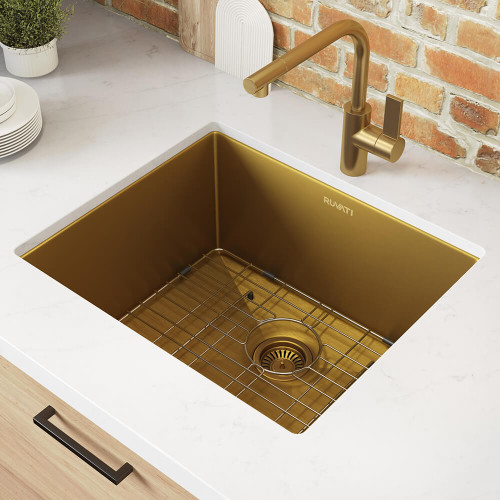 Ruvati 21-inch Polished Brass Matte Gold Stainless Steel Undermount Bar Prep Kitchen Sink 16 Gauge Rounded Corners Single Bowl - RVH7121GG