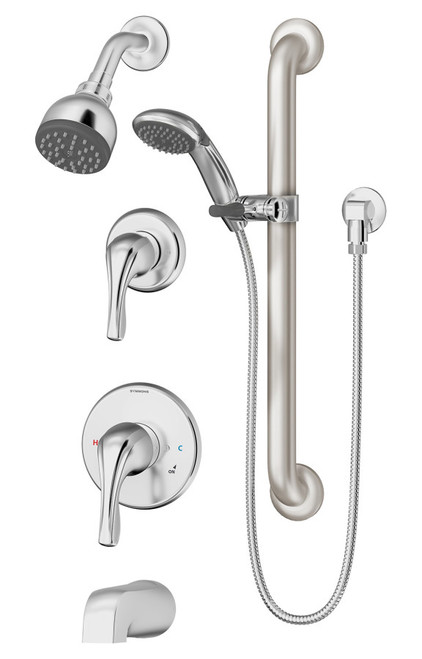 Symmons 9606PLRTRMTC Origins Tub & Shower Faucet with Handle Valve Trim & Diverter Handle Trim & Slide Bar Handshower - Chrome