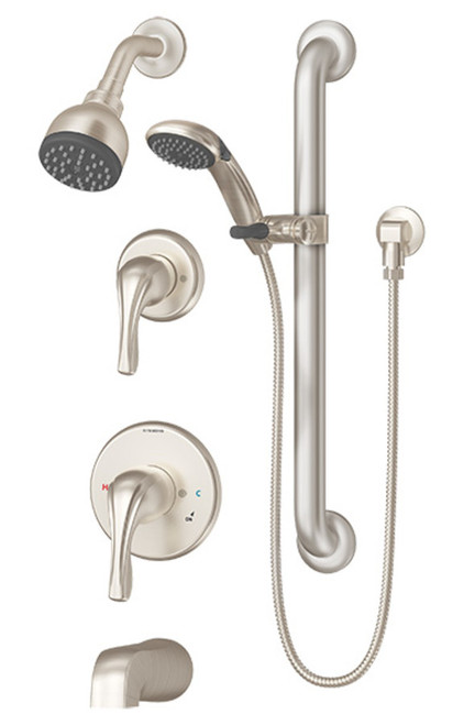 Symmons 9606-PLR-TRM-STN Origins Tub & Shower Faucet with Handle Valve Trim & Diverter Handle Trim & Slide Bar Handshower - Satin Nickel