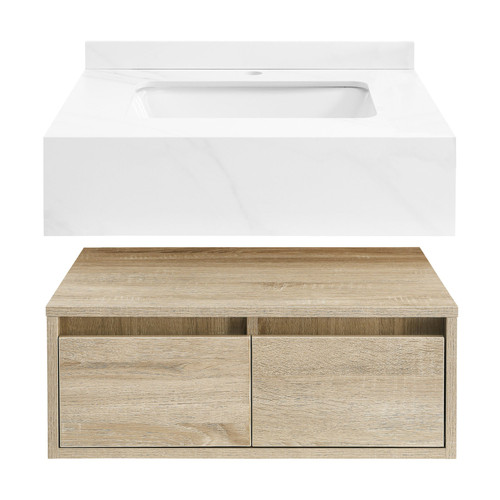 Swiss Madison SM-BV700 Avancer 24" Wall-Mounted Bathroom Vanity in Calacatta and White Oak With Sink