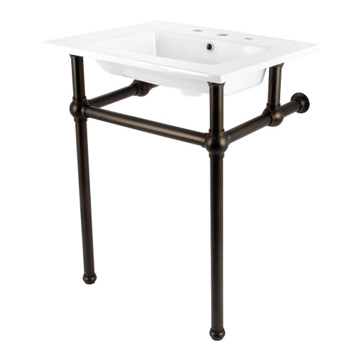 Kingston Brass Templeton 25" Ceramic Console Sink with Brass Legs (8-Inch, 3-Hole), White/Oil Rubbed Bronze - KVBH25227W8B5