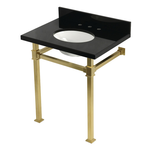 Kingston Brass Monarch 30" Black Granite Console Sink with Stainless Steel Legs (8-Inch, 3-Hole), Black Granite/Brushed Brass - KVPK30KOQ7