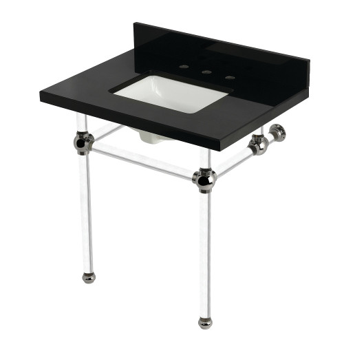 Kingston Brass Templeton 30" Black Granite Console Sink with Acrylic Legs (8-Inch, 3-Hole), Black Granite/Polished Nickel - KVPK3030KASQ6
