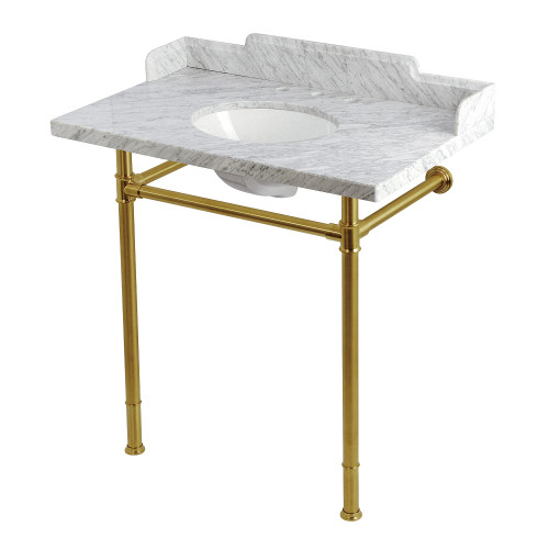 Kingston Brass Wesselman 36" Carrara Marble Console Sink with Stainless Steel Legs (8-Inch, 3-Hole), Carrara White/Brushed Brass - KMS36228M87
