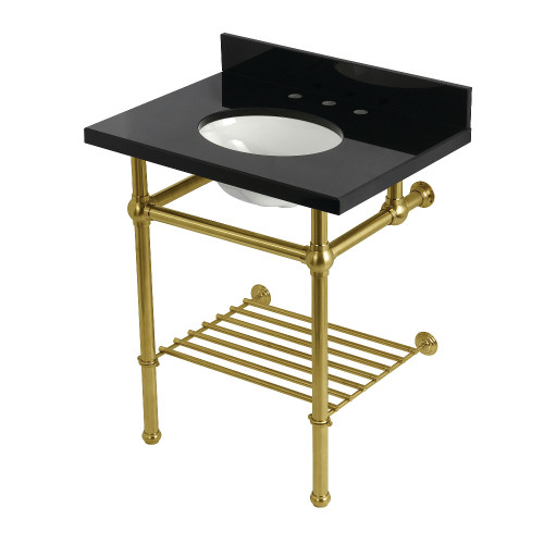 Kingston Brass Templeton 30" Black Granite Console Sink with Brass Legs and Shelf (8-Inch, 3-Hole), Black Granite/Brushed Brass - KVPK30KBB7