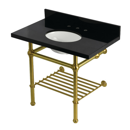 Kingston Brass Templeton 36" Black Granite Console Sink with Brass Legs and Shelf (8-Inch, 3-Hole), Black Granite/Brushed Brass - KVPK3630KBB7