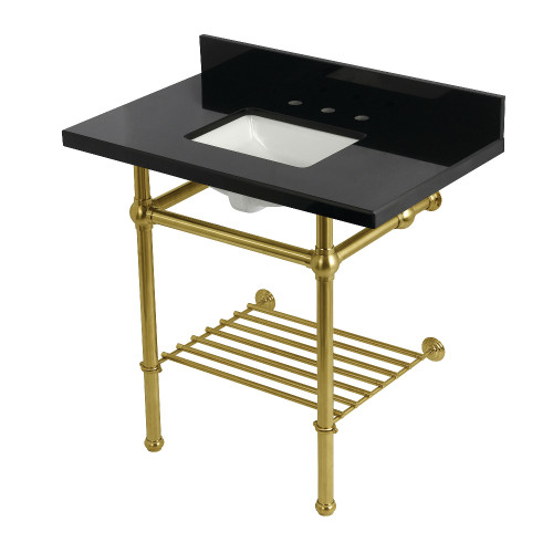 Kingston Brass Templeton 36" Black Granite Console Sink with Brass Legs and Shelf (8-Inch, 3-Hole), Black Granite/Brushed Brass - KVPK36KBSQB7