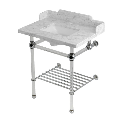 Kingston Brass Pemberton 30" Carrara Marble Console Sink with Acrylic Legs and Shelf (8-Inch, 3-Hole), Marble White/Polished Chrome - LMS30MASQB1