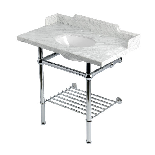 Kingston Brass Pemberton 36" Carrara Marble Console Sink with Brass Legs and Shelf (8-Inch, 3-Hole), Marble White/Polished Chrome - LMS36MBB1