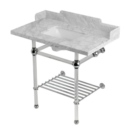 Kingston Brass Pemberton 36" Carrara Marble Console Sink with Acrylic Legs and Shelf (8-Inch, 3-Hole), Marble White/Polished Chrome - LMS36MASQB1