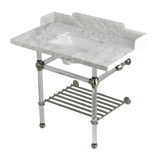 Kingston Brass Pemberton 36" Carrara Marble Console Sink with Acrylic Legs and Shelf (8-Inch, 3-Hole), Marble White/Brushed Nickel - LMS3630MASQB8