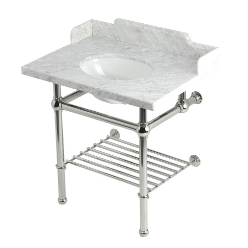 Kingston Brass Pemberton 30" Carrara Marble Console Sink with Brass Legs and Shelf (8-Inch, 3-Hole), Marble White/Polished Nickel - LMS3030MBB6