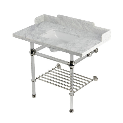 Kingston Brass Pemberton 36" Carrara Marble Console Sink with Acrylic Legs and Shelf (8-Inch, 3-Hole), Marble White/Polished Nickel - LMS3630MASQB6 Kingston Brass Pemberton 36" Carrara Marble Console Sink with Acrylic Legs and Shelf (8-Inch, 3-Hole), Marble White/Polished Nickel - LMS3630MASQB6