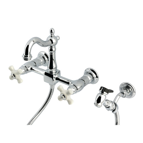 Kingston Brass Heritage Wall Mount Bridge Kitchen Faucet with Brass Sprayer, Polished Chrome - KS2441PXBS