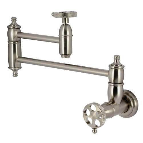 Kingston Brass Webb Wall Mount Pot Filler with Knurled Handle, Brushed Nickel - KS3108RKX
