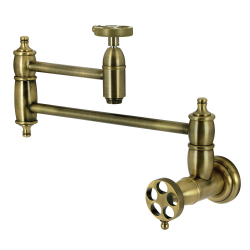 Kingston Brass Wendell Wall Mount Pot Filler with Knurled Handle, Antique Brass - KS3103RKZ