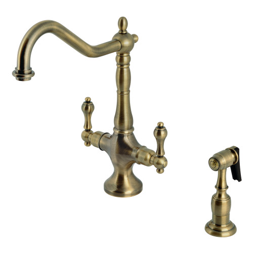 Kingston Brass Heritage Two-Handle Kitchen Faucet with Brass Sprayer, Antique Brass - KS1773ALBS