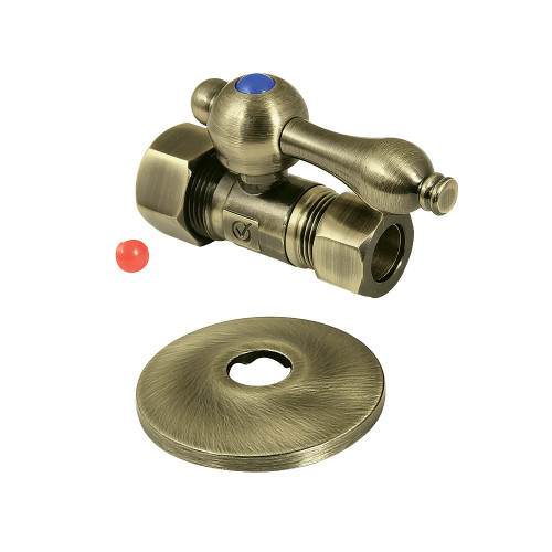 Kingston Brass 5/8" OD Comp x 1/2" OD Comp Quarter-Turn Straight Stop Valve with Flange, Antique Brass - CC44453K