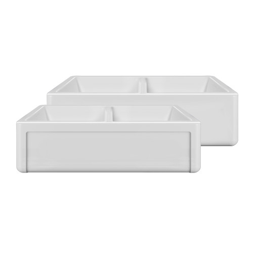 Whitehaus 36" Reversible Double Bowl Fireclay Kitchen Sink with Grid Set: Three Edge Frame, Plain Front Apron - White - WHRPDB3618-W