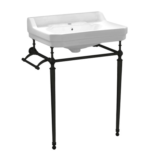 Whitehaus Victoriahaus console with integrated rectangular bowl with single hole drill, Matte Black leg support, interchangable towel bar, backsplash and overflow - WHV024-L33-1H-MB   