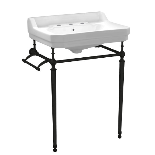 Whitehaus Victoriahaus console with integrated rectangular bowl with widespread hole drill, Matte Black leg support, interchangable towel bar, backsplash and overflow - WHV024-L33-3H-MB        