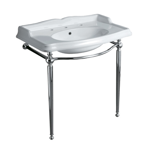 Whitehaus Britannia Large Rectangular Sink Console with Front Towel Bar and Widespread Faucet Hole Drill - White/Chrome - B-AR864-ARCG1-3