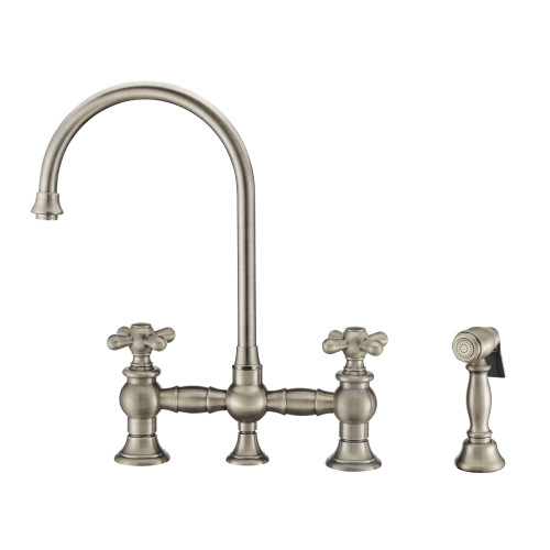 Whitehaus Vintage III Plus Bridge Faucet with Long Gooseneck Swivel Spout, Cross Handles and Solid Brass Side Spray - Brushed Nickel - WHKBTCR3-9101-NT-BN