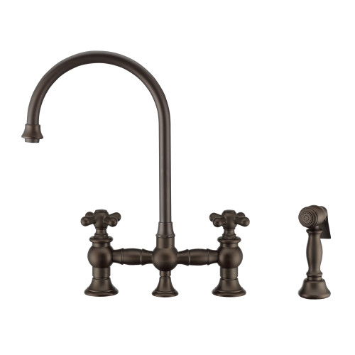 Whitehaus Vintage III Plus Bridge Faucet with Long Gooseneck Swivel Spout, Cross Handles and Solid Brass Side Spray - Oil Rubbed Bronze - WHKBTCR3-9101-NT-ORB