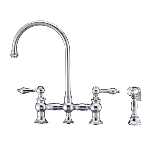 Whitehaus Vintage III Plus Bridge Faucet with Long Gooseneck Swivel Spout, Lever Handles and Solid Brass Side Spray - Polished Chrome - WHKBTLV3-9101-NT-C