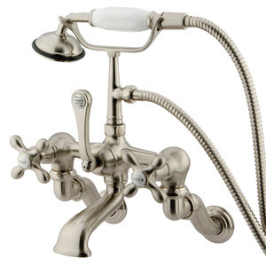 Kingston Brass Adjustable 3-3/8" - 10" Center Wall Mount Clawfoot Tub Filler Faucet with Hand Shower - Brushed Nickel CC463T8