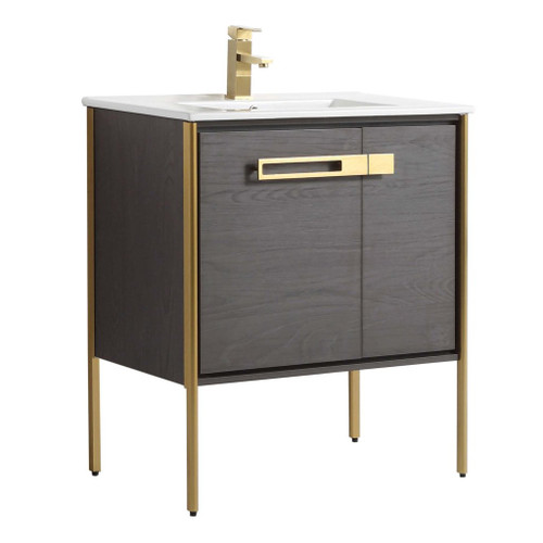 Fine Fixtures Oakville Vanity Cabinet 30 Inch - Black Coal Oak With Satin Brass Hardware - OK30BC