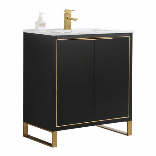 Fine Fixtures Opulence Vanity Cabinet 30 Inch Wide - Matte Black With Satin Brass Hardware - OL30BL
