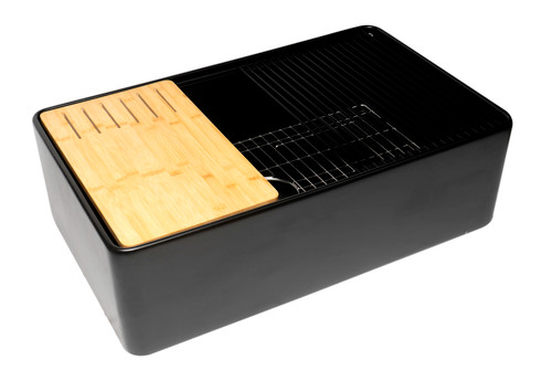 ALFI Black Matte Workstation 33" x 20" Single Bowl Step Rim Fireclay Farm Sink with Accessories - ABFS3320S-BM