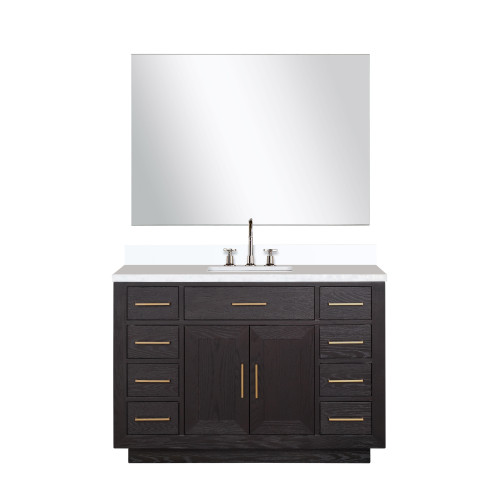 Lexora Abbey 48 inch W Black Oak Vanity Cabinet, White Quartz Top, Faucet Set, and 46 in Mirror - LVA48SJ211