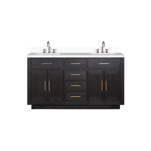 Lexora Abbey 60 inch W Black Oak Double Sink Vanity Cabinet, White Quartz Top, and Faucet Set - LVA60DJ201