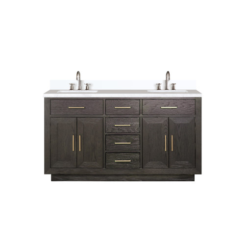 Lexora Abbey 60 inch W Brown Oak Double Sink Vanity Cabinet, Cultured Marble Top, and Faucet Set - LVA60DK301